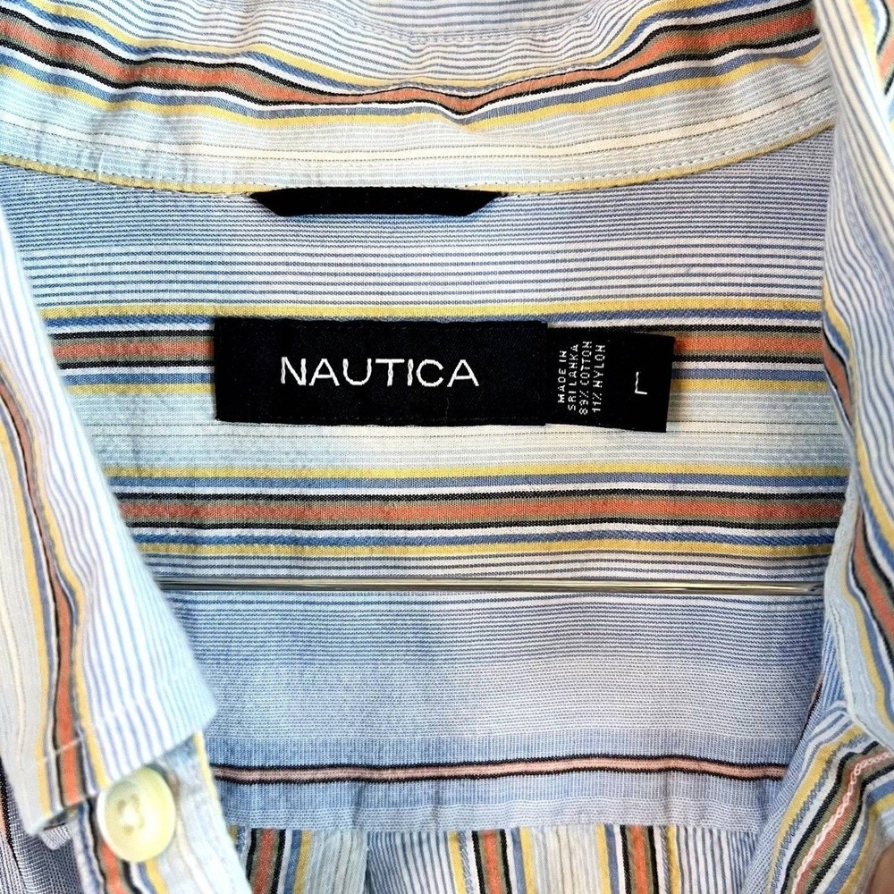 Nautica Mens Large Striped Button Down Shirt Long‎ Sleeve Blue Orange Yellow